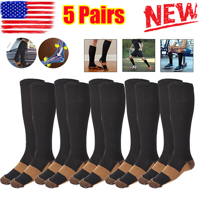 #ad 5 Pairs Copper Compression Socks 20 30mmHg Graduated Support Mens Womens S M XXL $11.45