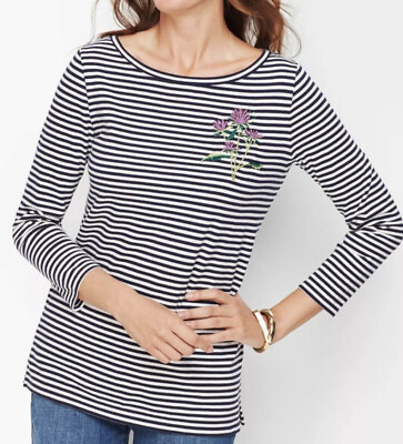 #ad Talbots Petite Embroidered Thistle Stripe Cotton Tee NWT $49.50 Size P PXS $9.99