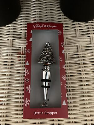 #ad Cherish The Season Silver Christmas Tree Wine Stopper Metal $7.99