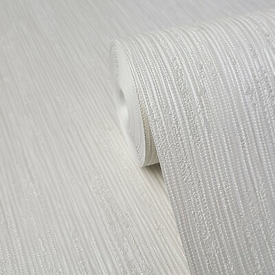 #ad Modern White stria lines faux fabric heavy texture plain textured wallpaper roll $3.47
