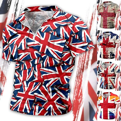 #ad Male Summer Lapel Zipper British National Day Shirt For Men Flag Print Retro ZF $16.07
