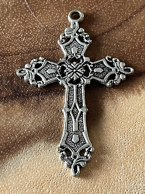 #ad Large Vintage Cross Pendant Silver Tone Unmarked Untested $12.00