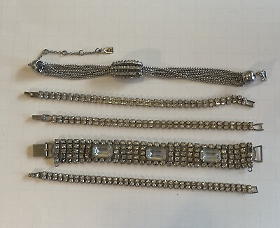 #ad Lot of 5 Vintage Rhinestone Silvertone Bracelets 7 8” $29.75
