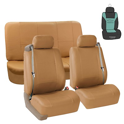 #ad Seat Covers PU Leather Set For Built In Seat belt Auto Car Sedan SUV Tan w Gift $59.99