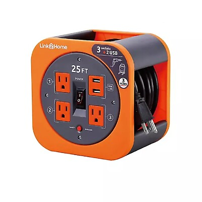 #ad Link2Home Cord Reel 25#x27; Extension Cord with 3 Power Outlets 2 USB 16 AWG Cabl $65.92