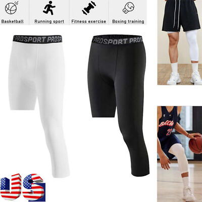 #ad Men One Leg Compression 3 4 Capri Tights Pants Basketball Activewear Base Layer $12.69