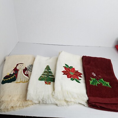 #ad VINTAGE Christmas Embroidered Finger Towels Set of 4 Tree Poinsettia Santa Holly $8.75
