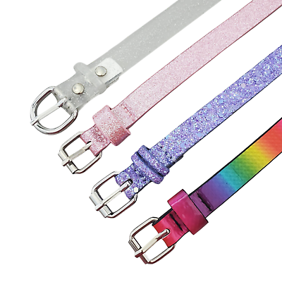 #ad Lot of 4 Girls Belts Size L XL Rainbow Pink Purple Clear Glitter Silver Buckle $16.99