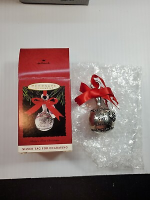 #ad 1993 Hallmark Silver Baby#x27;s First Christmas Rattle Ornament With Blank Tag amp; Bow $14.99