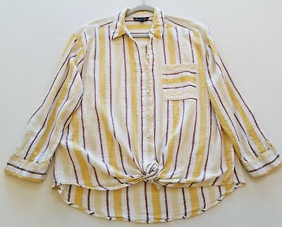 #ad CZ Collection Button Up Shirt Women’s 2X Plus Striped Long Sleeve Metallic Gauze $14.44