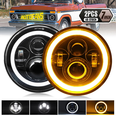 #ad For 1953 1977 Ford F 100 F 250 F 350 Pickup Pair 7quot; inch LED Headlights Halo DRL $34.99