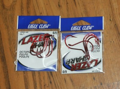 #ad 2x Eagle Claw Lazer Sharp 6 0 Octopus Hooks. Red. 5 Pack $1.59