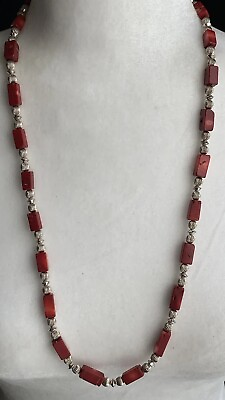 #ad Red Coral Silver Beads Southwestern Style 28” Necklace $75.00