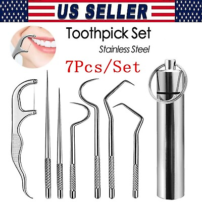 #ad 7PCS Stainless Steel Toothpick Set Metal Flossing Portable Toothpick Box Holder $6.99