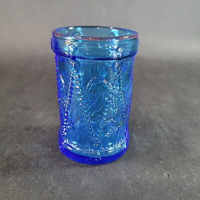 #ad Vintage Wheaton Blue Glass Drum w Eagle Cup Tumbler Cobalt Votive Candle holder $5.58