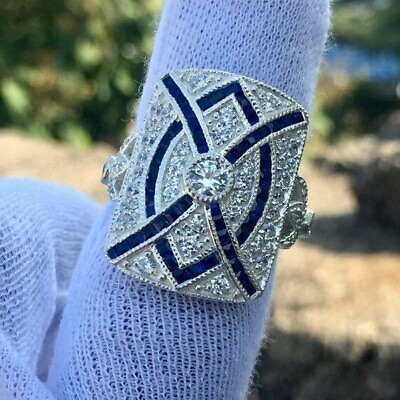 #ad #ad Art Deco Style 2.45Ct Lab Created Diamond Blue Sapphire Wedding 925 Silver Ring $81.55