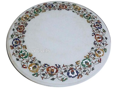 #ad Inlaid with Floral Pattern Sofa Side Table Round Shape Marble Coffee Table Top $492.30
