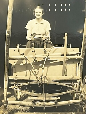 #ad Pretty Young Woman Vintage Photo Farm Girl in Wagon Farming Agriculture 1936 $9.99