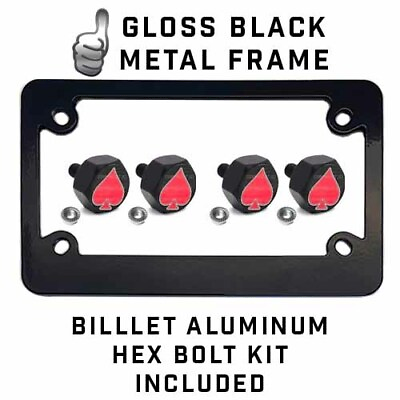 #ad Black Metal License Plate Frame amp; Hex Tag Bolt Kit RED SPADE ON BLACK S2 $13.25