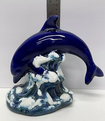 #ad Dolphin Playing Leaping in Waves Cobalt Blue Ceramic Figurine Statue quot; $22.50