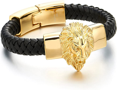 #ad Mens Large Braided Leather Bracelet with Steel Gold Color Lion and Black Genuine $39.99