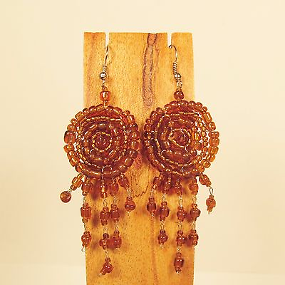 #ad 2 1 2quot; Long Amber Color Handmade Dream Catcher Style Dangle Seed Bead Earring $7.99