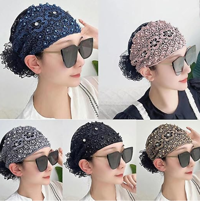 #ad 2024 Women#x27;s Floral Lace Headwrap Pearl Encrusted Floral Lace Headband Kerchief $11.99