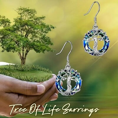 #ad Silvery Tree Design Hollow Circle Decor Dangle Earrings Alloy Jewelry Women Gift $9.98
