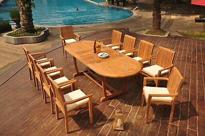 #ad 11 Piece Outdoor Teak Dining Set: 94quot; Masc Oval Table 10 Stacking Arm Chair Lua $3824.73