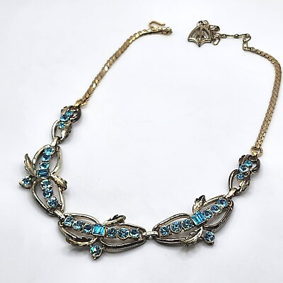 #ad Vintage Rhinestone Necklace Blue Gold Tone Enamel 16quot; $19.80