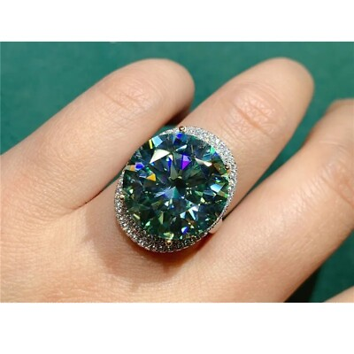 #ad 15 Carat VVS1 Round Brilliant Cut Green Moissanite Ring Sterling Silver CZ $589.00