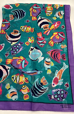 #ad TALBOTS 31” Square Cotton Tropical Fish Colorful Scarf Multicolor S3 $24.99