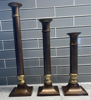 #ad Vtg Century Two Tone Set of 3 Lacquered Brass Candlestick Holders Handcrafted $52.20