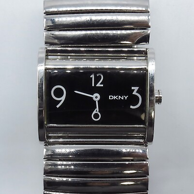 #ad DKNY Women Watch Black Rectangle Dial 30mm Silver Tone Stretch Band $23.99