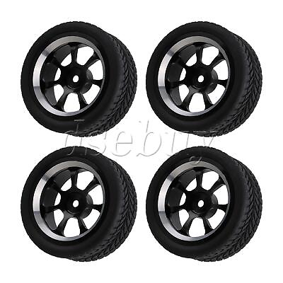 #ad 4 Pieces RC 1:10 Black Al. Wheel Rims with Rubber Tire 2.56 x 1.02 Inch Set $26.24