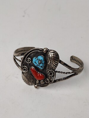 #ad Vintage Native American Navajo Turquoise Coral Silver? Cuff Bracelet $294.50