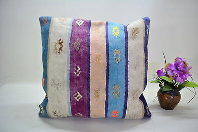 #ad Turkish Handmade Square Pillow Cover 16x16in Antique Blue Pink Kilim Pillow $35.00