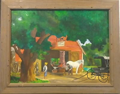 #ad Original Oil Painting Signed Blacksmith Shop American Folk Art Horse Carriage $259.00