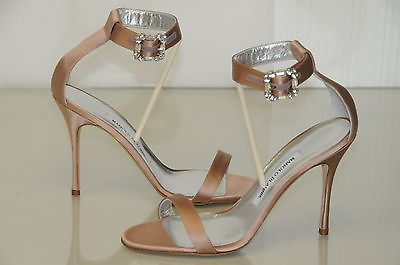 #ad $830 New Manolo Blahnik EUFIDA Beige Nude Satin JEWELED CRYSTAL Sandals Shoes 37 $599.99