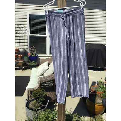 #ad Old navy womens linen pull on pants S NEW elastic waist striped navy blue white $26.00
