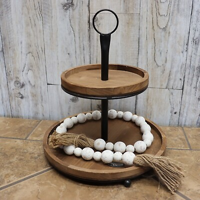 #ad 12quot; Rustic Wood Farmhouse 2 Tier Tray With Wood Beads Decor Two Tiered Shelf $21.99