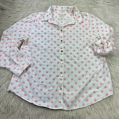 #ad Chico#x27;s Women#x27;s 3 US XL White Red Shell Print Button Front Blouse Roll Tab Sleev $24.99