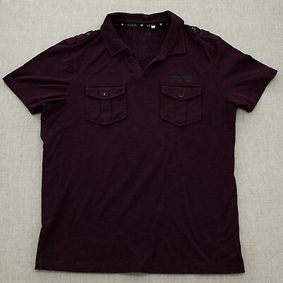 #ad Guess Mens Collared Polo Shirt V Neck Pockets Short Sleeve Purple Sz L $15.76