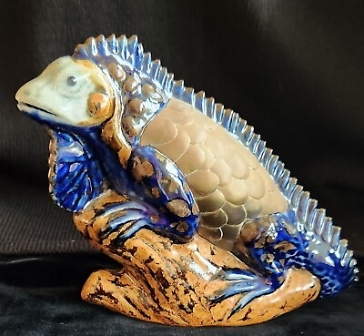 #ad Iguana Figurine Mexican Folk Art Pottery Brass Scaled Indigo Spikes Signed $30.00