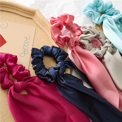 #ad Satin Ponytail Scarf Bow Hair Rope Ties Scrunchies Ribbon Band Solid Color Soft C $1.76