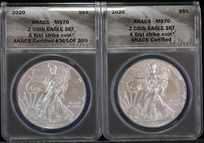 #ad 2020 $1 x 2 Coin 2 Ounces Set American Silver Eagle ANACS MS70#x27;s First Strikes $115.00