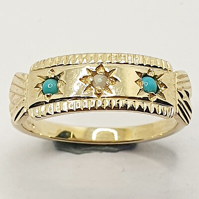 #ad Turquoise amp; Pearl Three stone Antuque Styl Hallmark Ring 9ct Yellow Gold Size O GBP 185.00