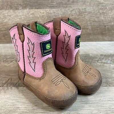 #ad John Deere Infant Johnny Popper Boots Girls Size 3M Brown Pink Hook amp; Loop Shoes $16.99