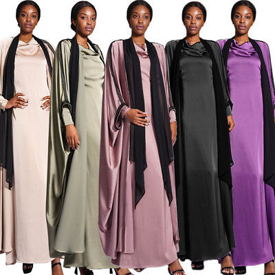 #ad 2pcs Muslim Women Kaftan Open Satin Batwing Sleeve Maxi Dress Dubai Abaya Caftan $73.27