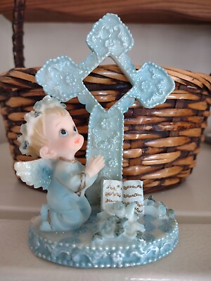 #ad Vintage Angel Child Figurine Praying Cherub Next To Cross Christening Communion $11.00